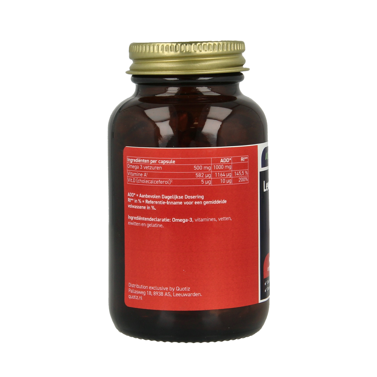 All Natural Levertraan vitamine A & D capsules, Vetzuren supplement, showing the softgel capsules in a clear container.