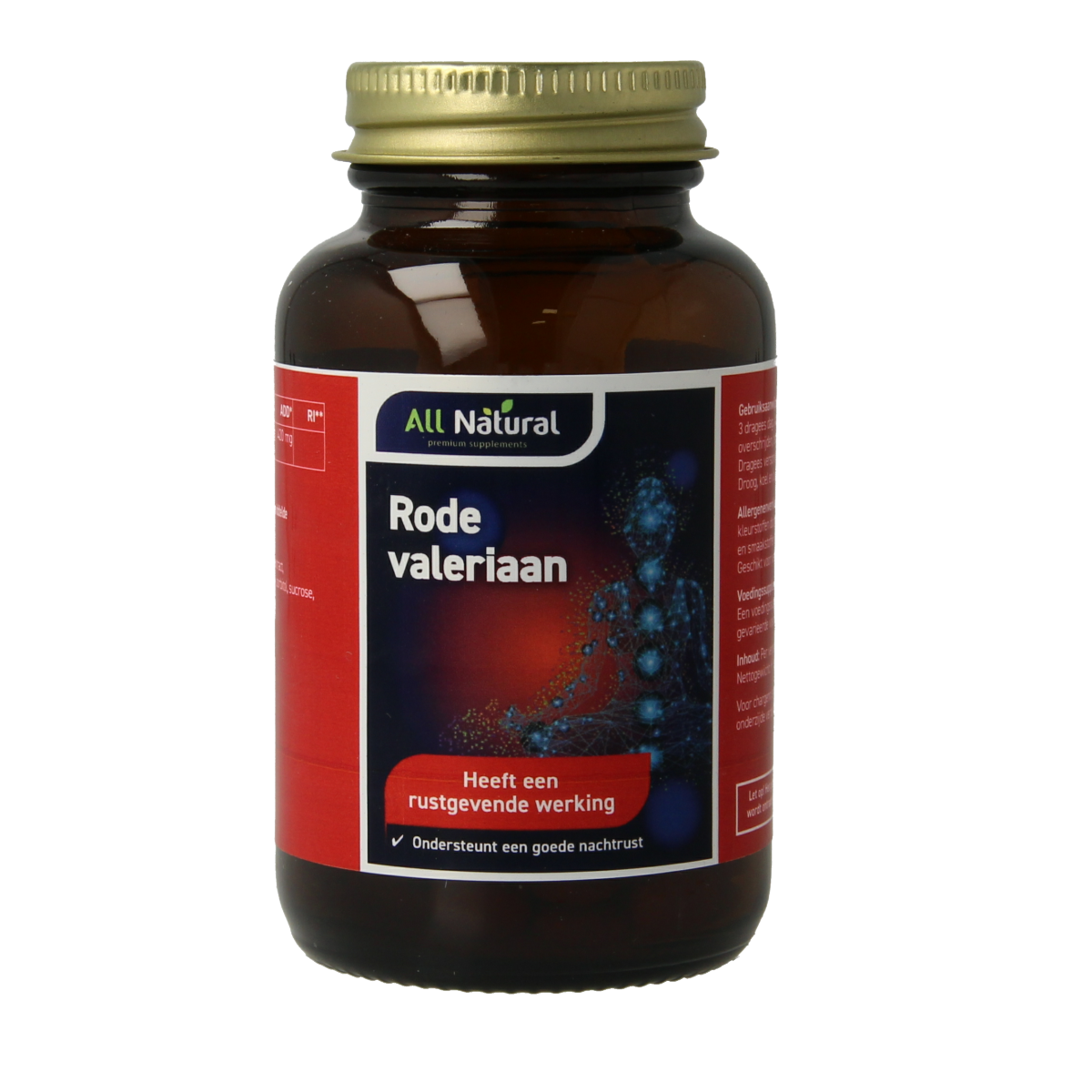 All Natural Rode Valeriaan kruidpreparaten, 100 dragees, showing the herbal supplement in a clear container with label details