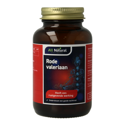 All Natural Rode Valeriaan kruidpreparaten, 100 dragees, showing the herbal supplement in a clear container with label details