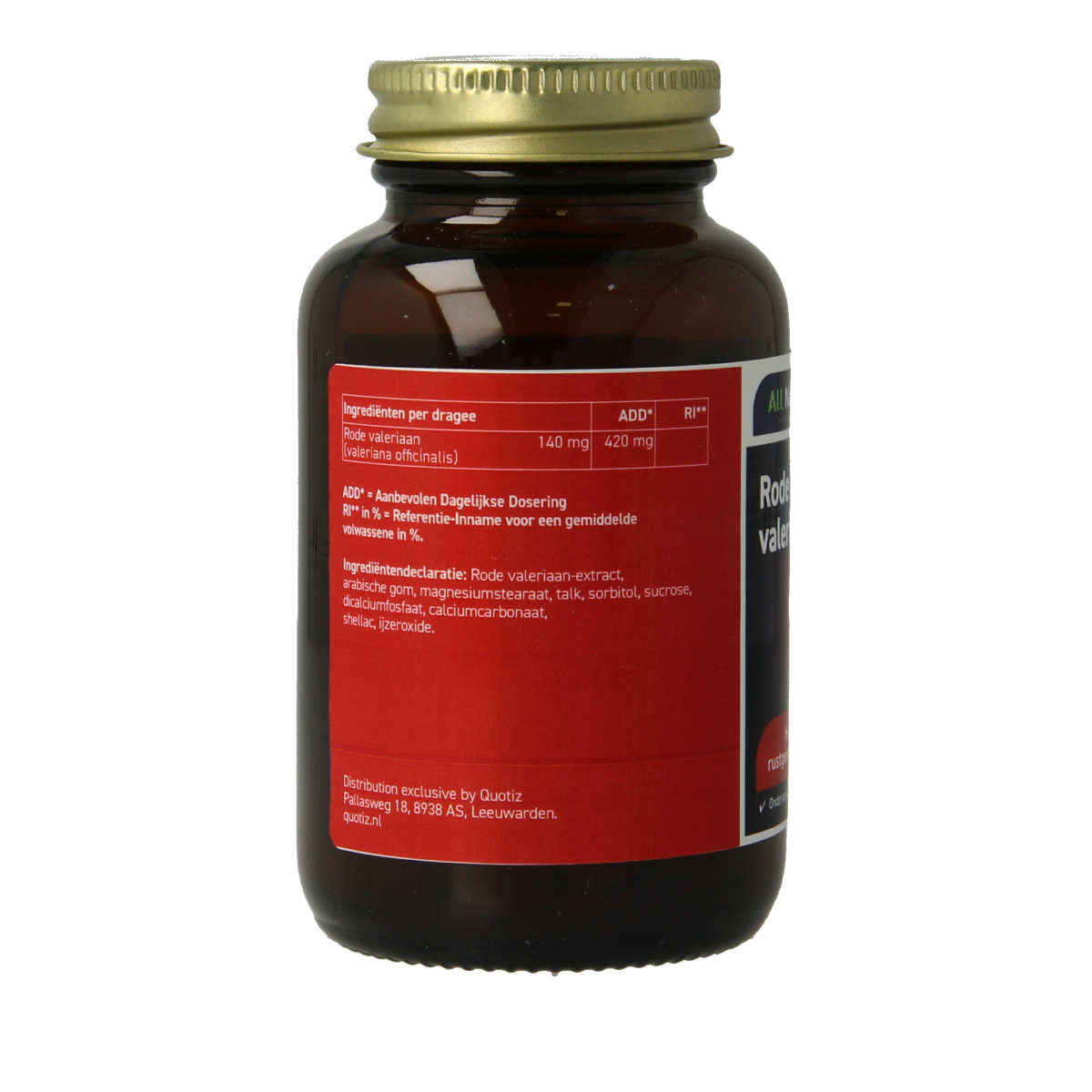All Natural Rode Valeriaan kruidensupplement in 100 dragees, herbal remedy for relaxation and sleep support.