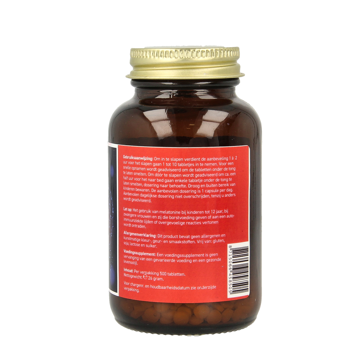 All Natural Melatonine 100mcg herbal supplement tablets, 500 count, in a bottle with label showing product details.