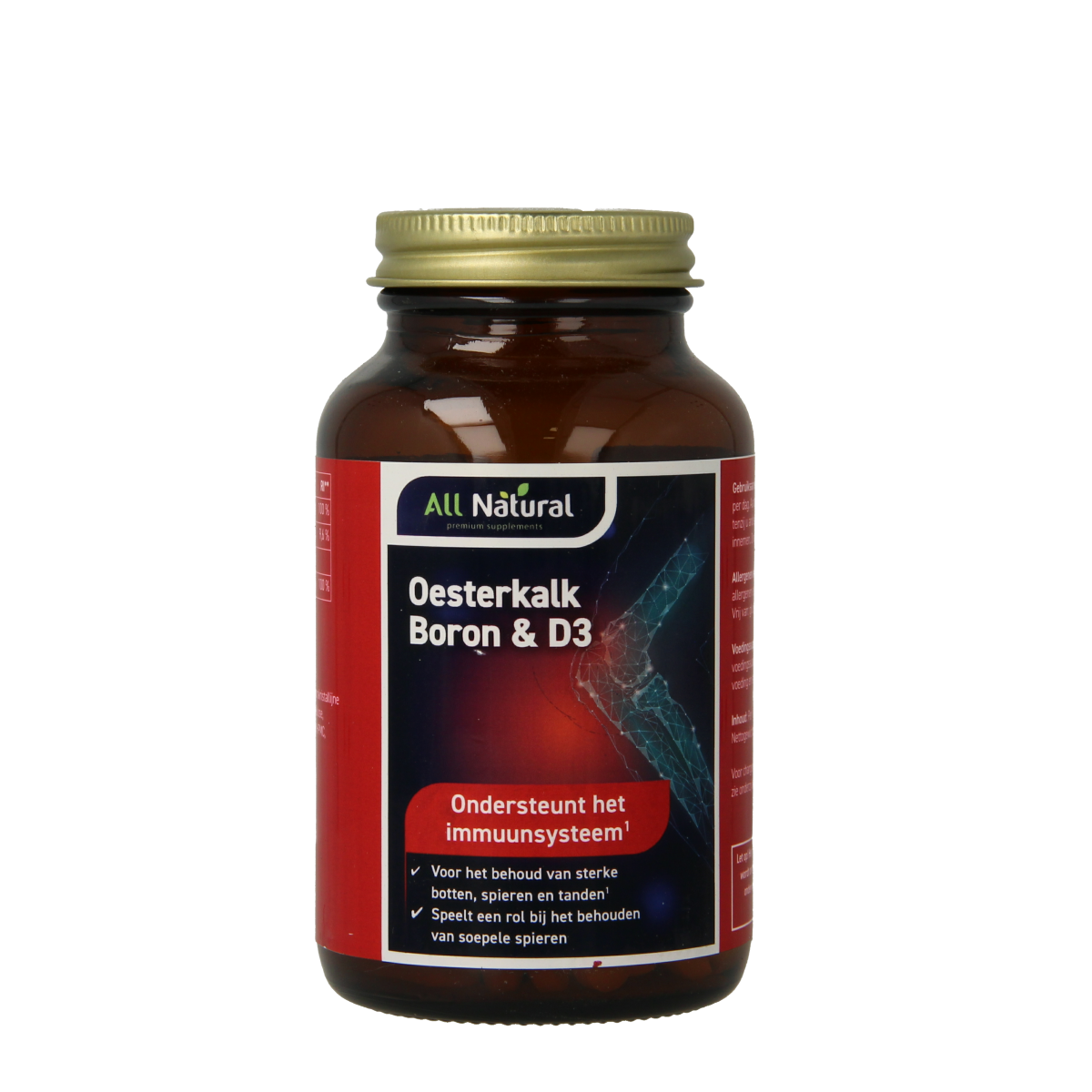 All Natural mineral supplement bottle with 90 All Natural Oesterkalk tablets, showing the label and tablet images.