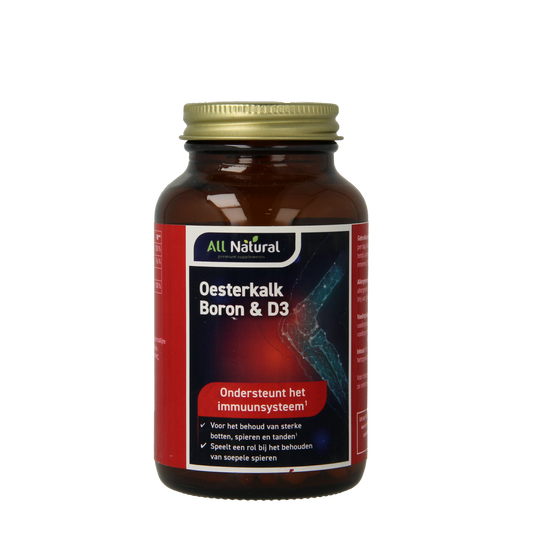All Natural mineral supplement bottle with 90 All Natural Oesterkalk tablets, showing the label and tablet images.