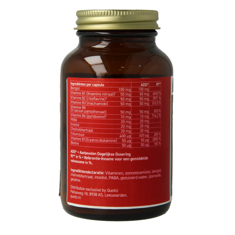 All Natural Vitamin B50 complex supplement in a bottle of 60 capsules, showing the product label and capsules inside.