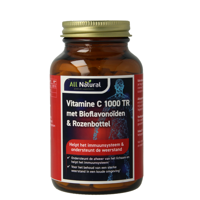All Natural Vitamin C 1000 mg with bioflavonoids and rosehip, 100 tablets, natural vitamin supplement in bottle.