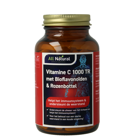 All Natural Vitamin C 1000 mg with bioflavonoids and rosehip, 100 tablets, natural vitamin supplement in bottle.