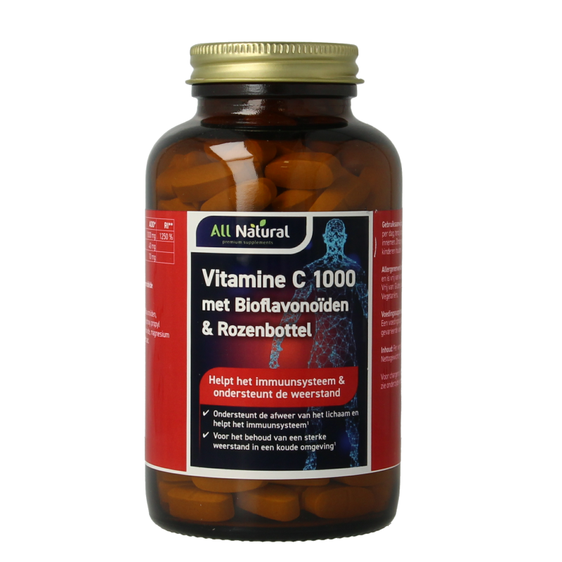 All Natural Vitamin C 1000 with bioflavonoids and rosehip, 200 tablets, dietary supplement for immune support