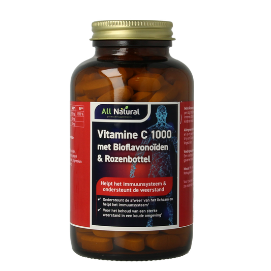 All Natural Vitamin C 1000 with bioflavonoids and rosehip, 200 tablets, dietary supplement for immune support