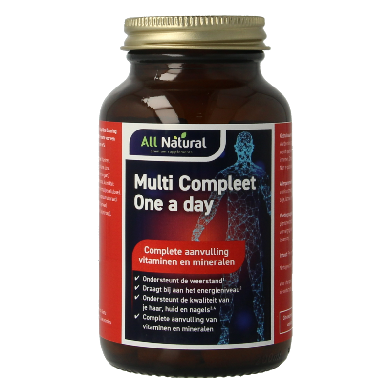 All Natural Multi Compleet one a day vitamin supplement in a bottle of 100 tablets, showing the package and tablets.