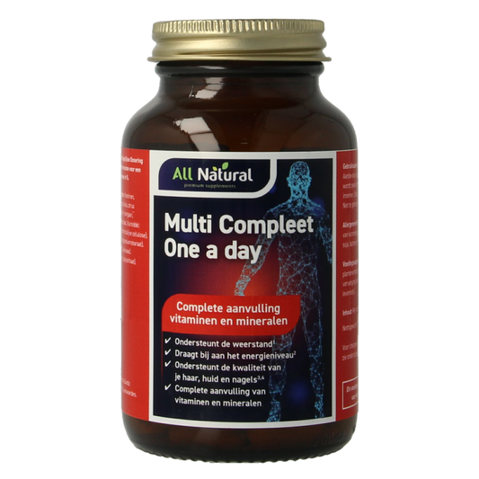 All Natural Multi Compleet one a day vitamin supplement in a bottle of 100 tablets, showing the package and tablets.