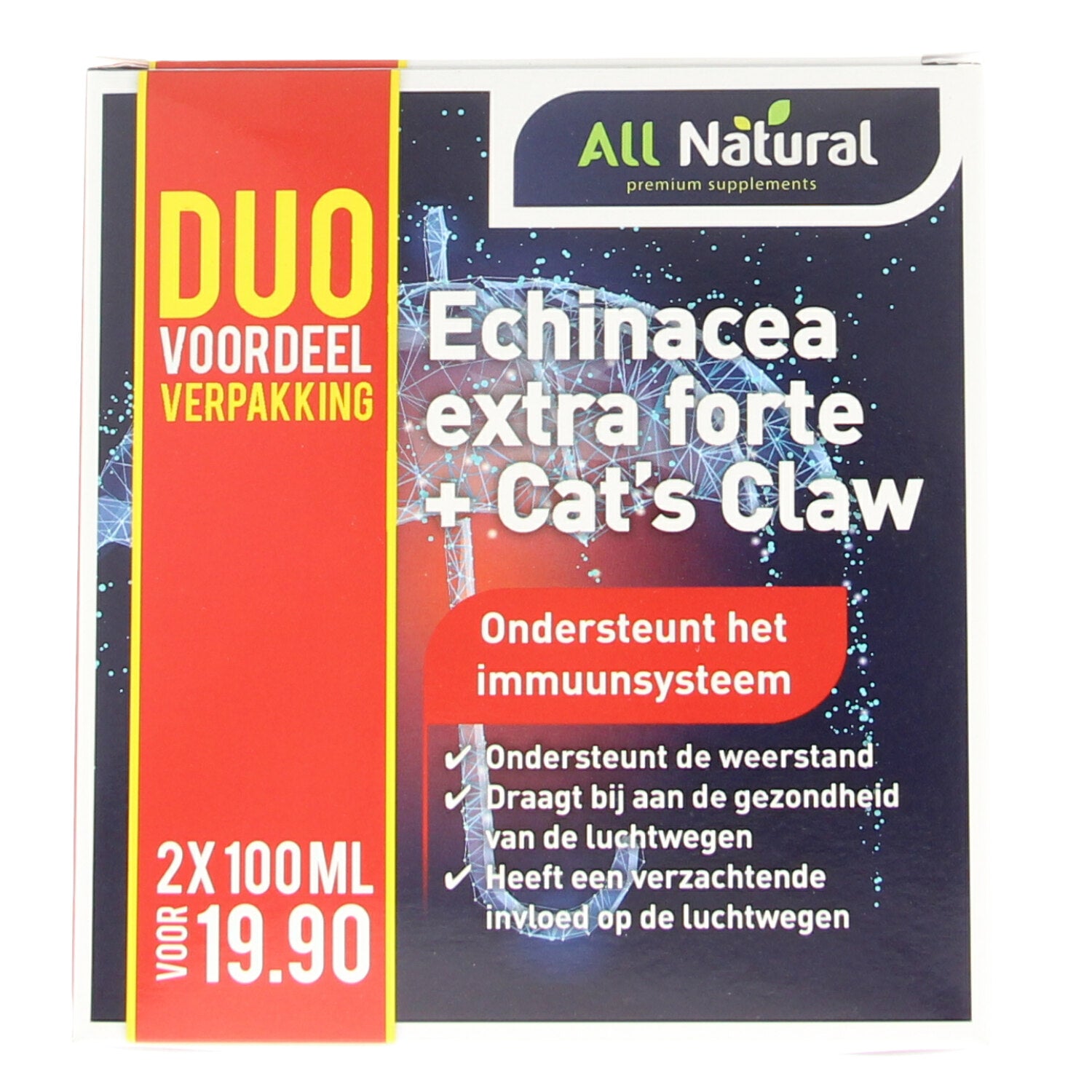 All Natural Echinacea extra forte and cat's claw herbal tincture in a 200ml bottle, with a label showing herbal ingredients and branding.