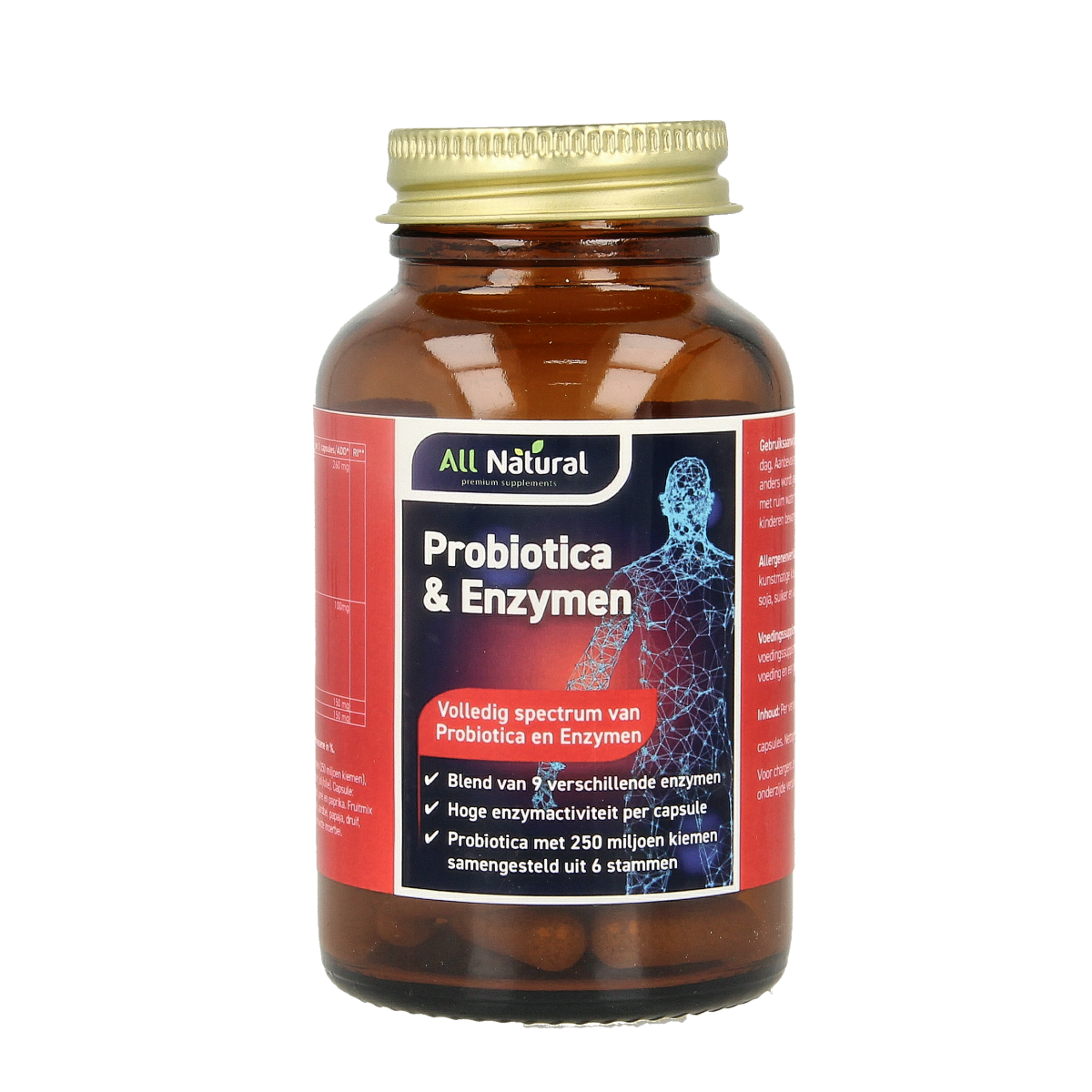 All Natural probiotic and enzyme capsules in vegetarian form, featuring micro-organisms for digestive health.