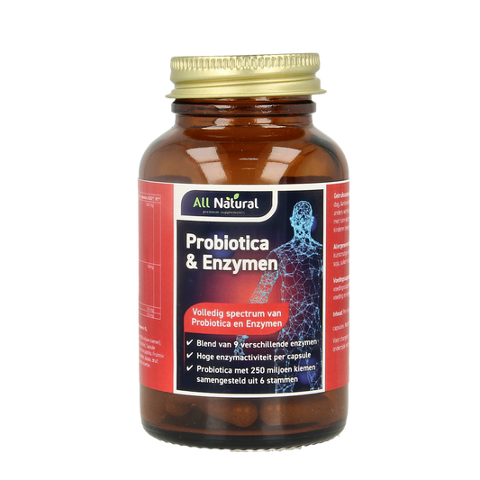 All Natural probiotic and enzyme capsules in vegetarian form, featuring micro-organisms for digestive health.