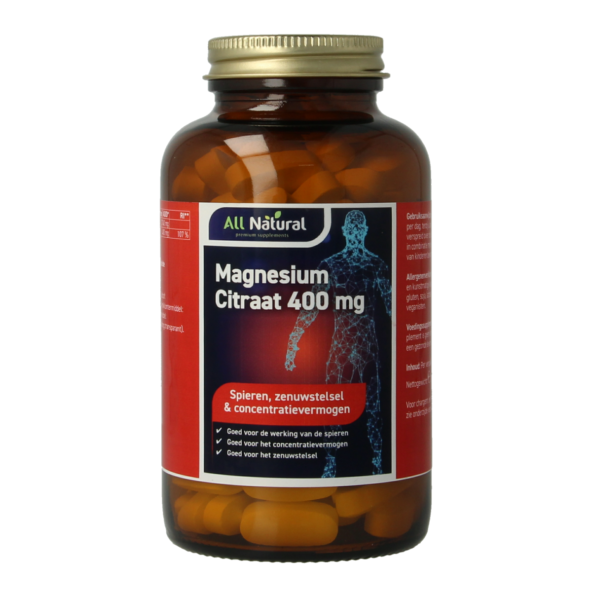 All Natural Magnesium Citrate 400mg mineral tablets, 120 count, showing the supplement bottle and tablets inside