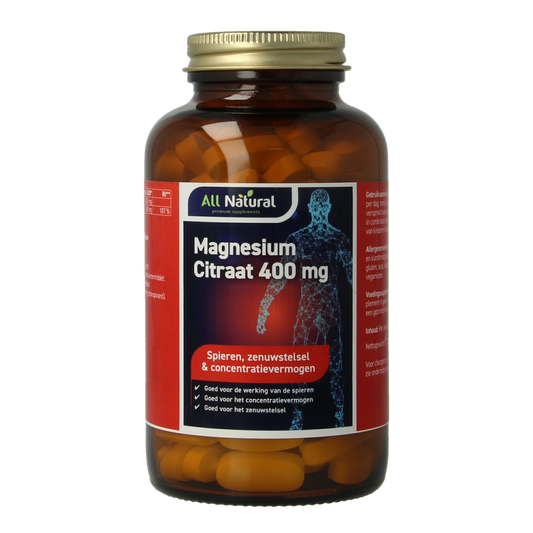 All Natural Magnesium Citrate 400mg mineral tablets, 120 count, showing the supplement bottle and tablets inside