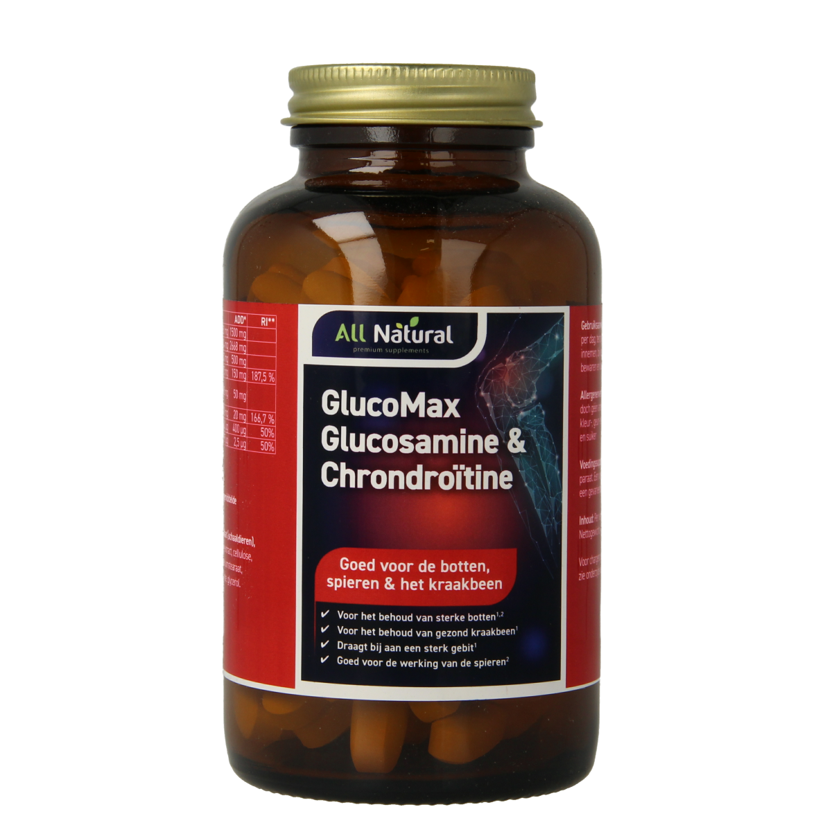 All Natural GlucoMax glucosamine and chondroitin mineral supplement in a bottle of 120 tablets, designed for joint support and health.