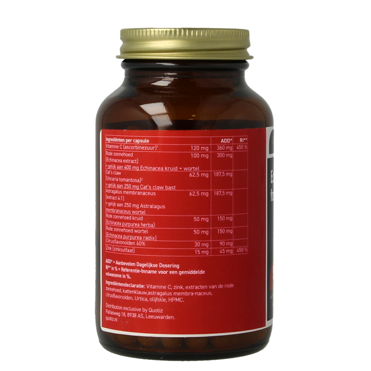 All Natural Echinacea Forte Plus Cats Claw herbal capsules, vegetarian supplement in a clear container with capsules visible.