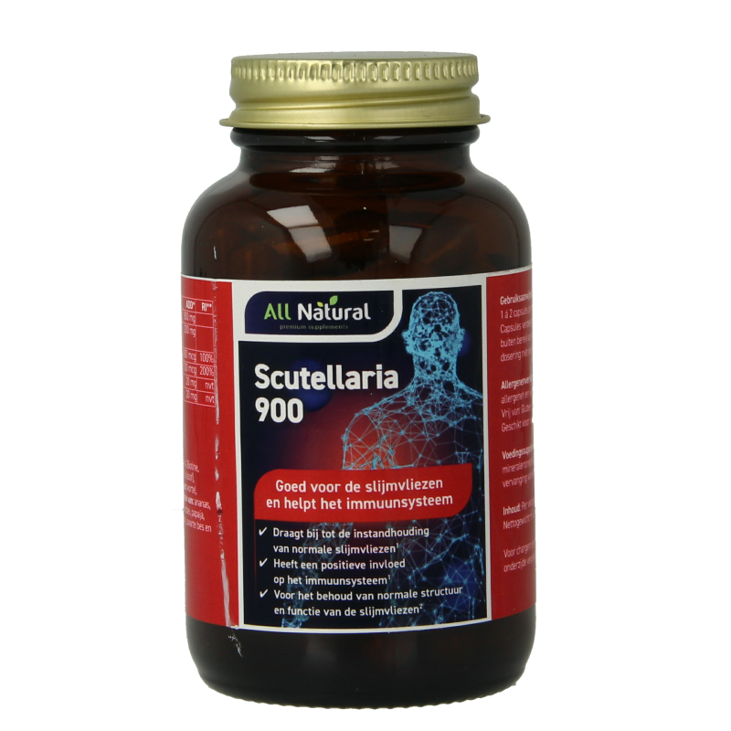 All Natural Scutellaria herbal supplement in 60 capsules, showing the bottle with label and capsules inside.