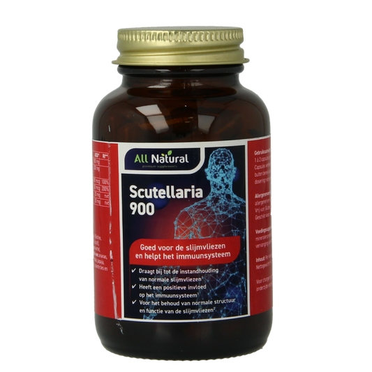 All Natural Scutellaria herbal supplement in 60 capsules, showing the bottle with label and capsules inside.