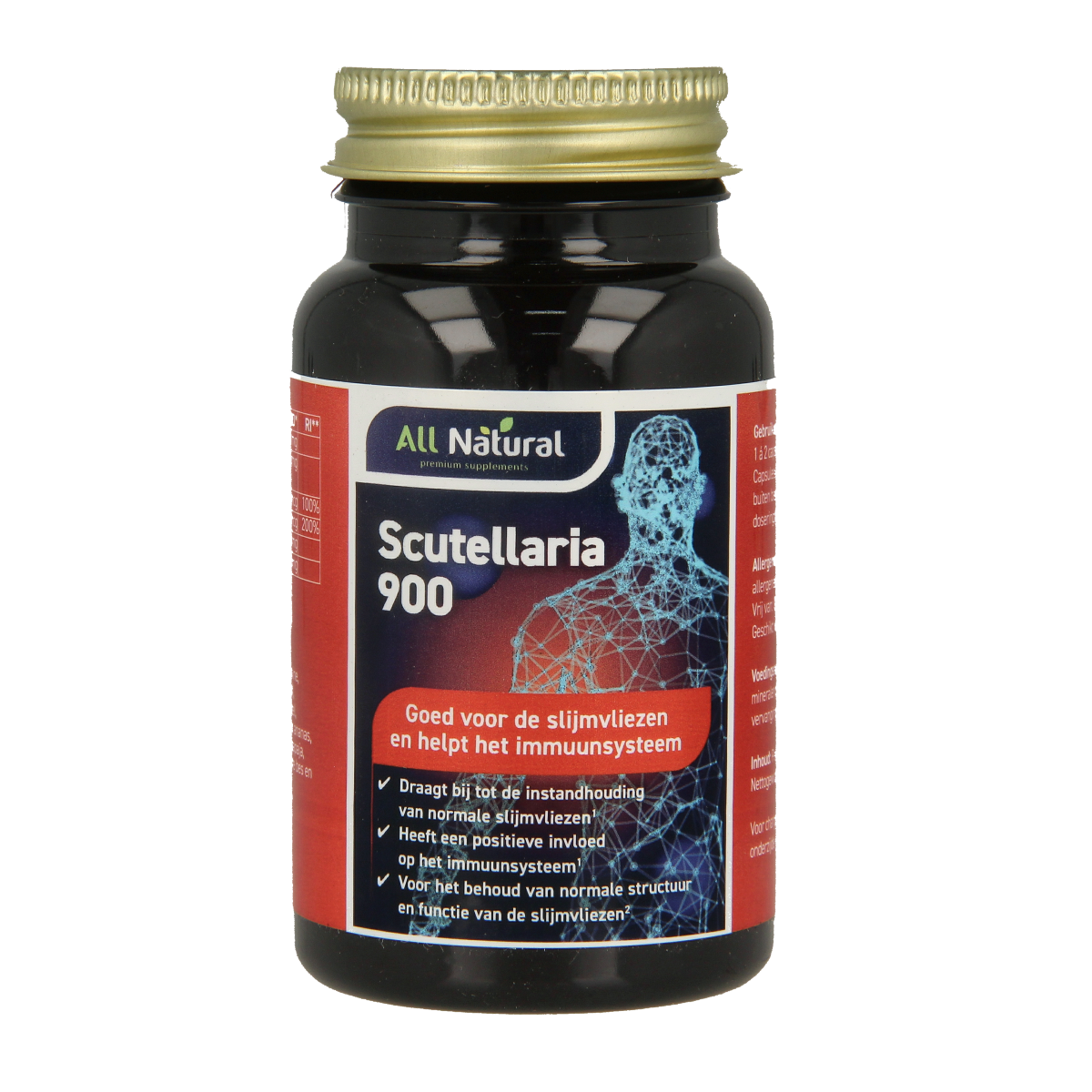 All Natural Scutellaria herbal capsules in a bottle, part of All Natural Kruidenpreparaten supplement line.