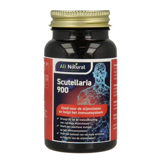 All Natural Scutellaria herbal capsules in a bottle, part of All Natural Kruidenpreparaten supplement line.