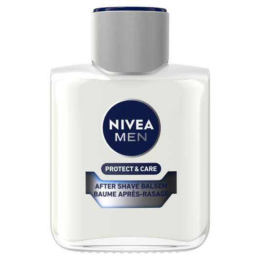 Nivea Men aftershave balms in a 100ml bottle, designed for facial skin care and soothing after shaving.