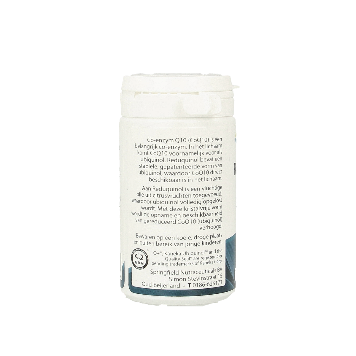 Springfield Reduquinol 100mg softgel bottle with 60 capsules, natural vitamin supplement in a clear container