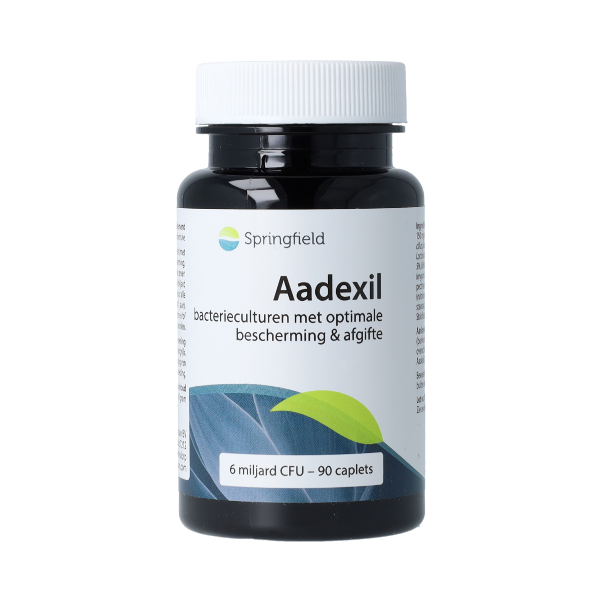 Springfield Aadexil 90 capsules of micro-organisms in a clear bottle, showing the label and capsules inside.