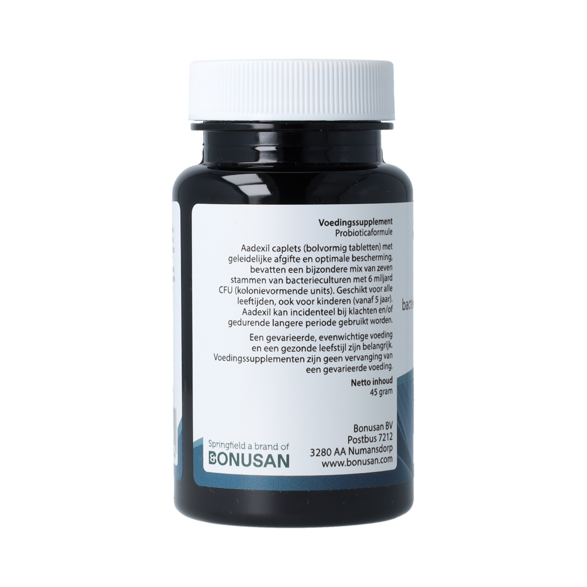 Springfield Aadexil 90 capsules of micro-organisms, shown in a clear container, designed to support digestive health.