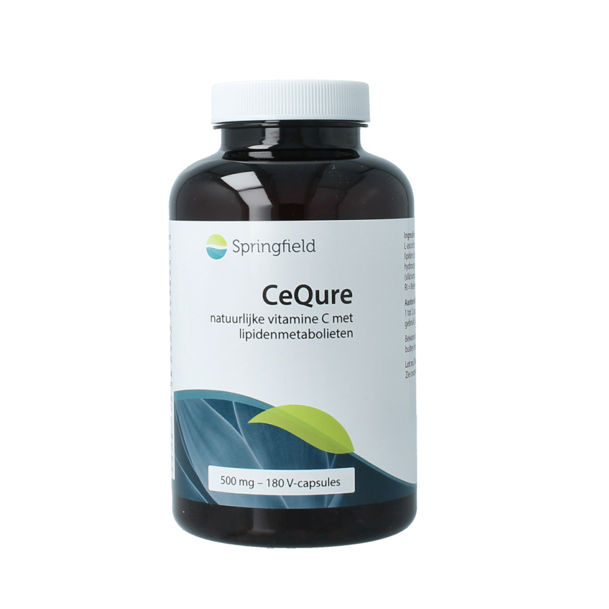 Springfield Cequre 500mg vitamin C vegetarian capsules, 180 count, showing the product bottle and label.