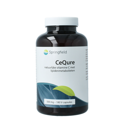 Springfield Cequre 500mg vitamin C vegetarian capsules, 180 count, shown in a close-up image of the supplement bottle.