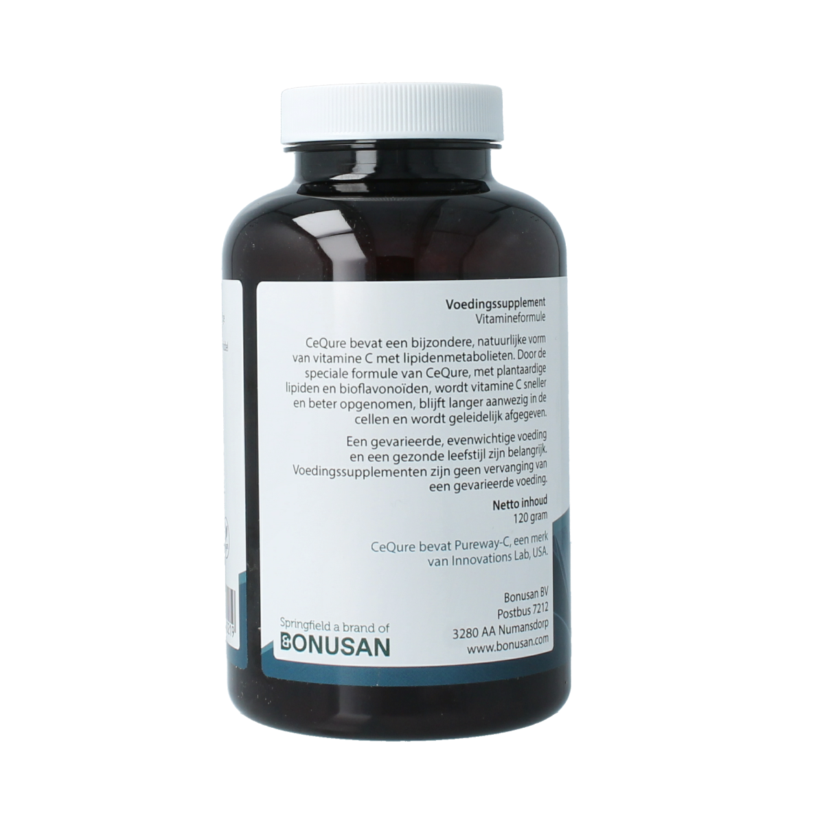 Springfield Cequre 500mg Vitamin C vegetarian capsules, 180 count, with orange-colored capsules displayed in bottle.