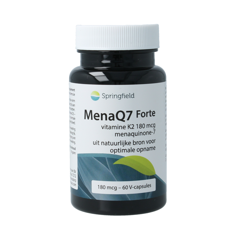 Springfield MenaQ7 Forte vitamin K2 capsules, 180 mcg, vegetarian dietary supplement in a white bottle with capsules inside