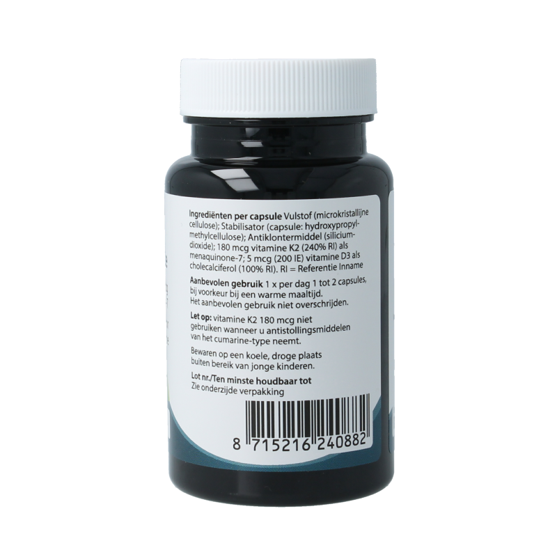 Springfield MenaQ7 Forte vitamin K2 capsules, vegetarian supplement with 180 mcg of vitamin K2, showing the capsule bottle.