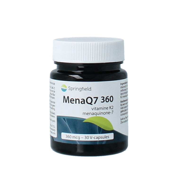 Springfield MenaQ7-360 vitamin K2 360 mcg vegetarian capsules, close-up of the supplement bottle and capsules.