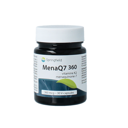 Springfield MenaQ7-360 vitamin K2 360 mcg vegetarian capsules, close-up of the supplement bottle and capsules.