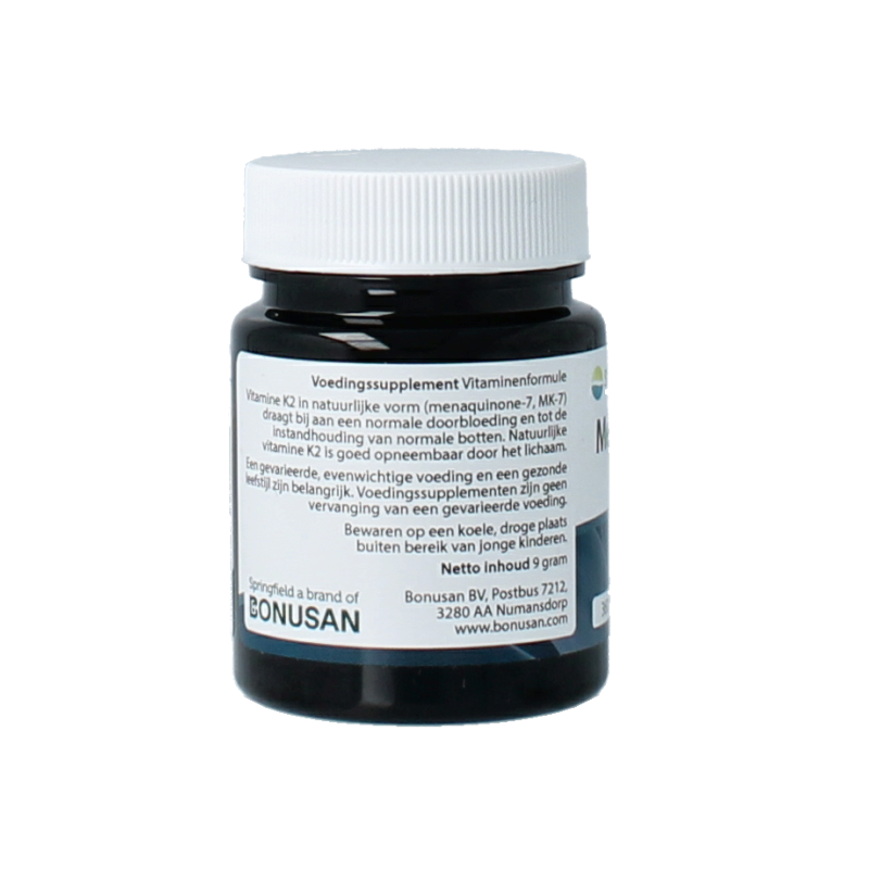 Springfield MenaQ7-360 vitamin K2 360 mcg vegetarian capsules, showing the bottle and capsules inside.