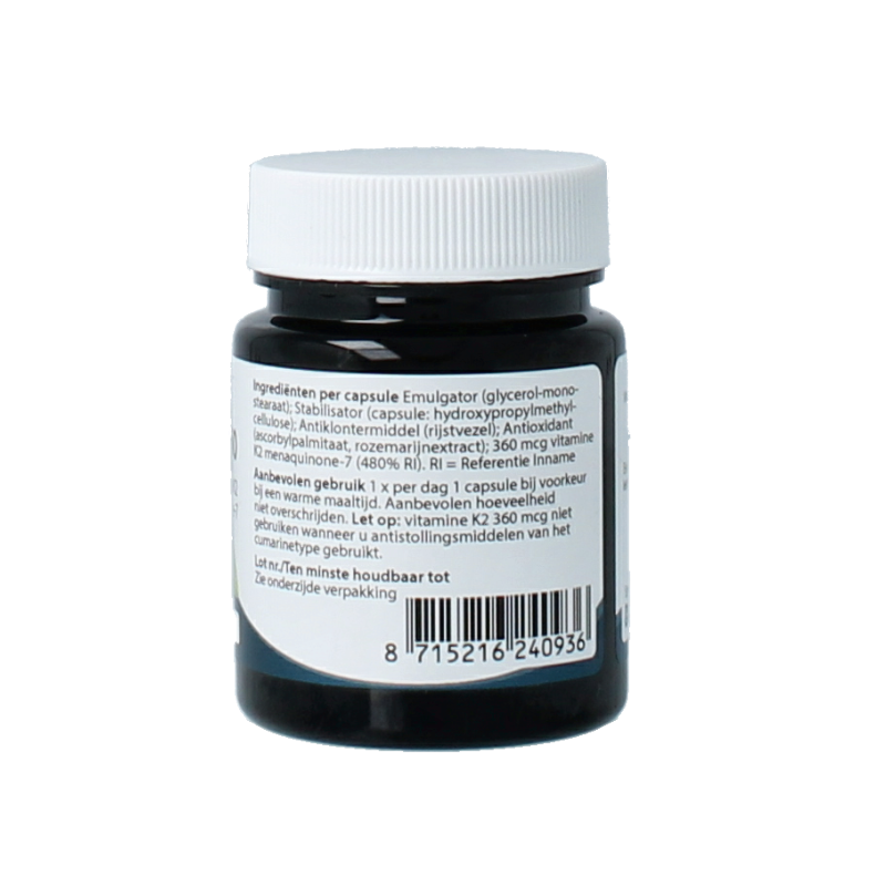 Springfield MenaQ7-360 vitamin K2 360 mcg vegetarian capsules, white bottle with label and capsules inside
