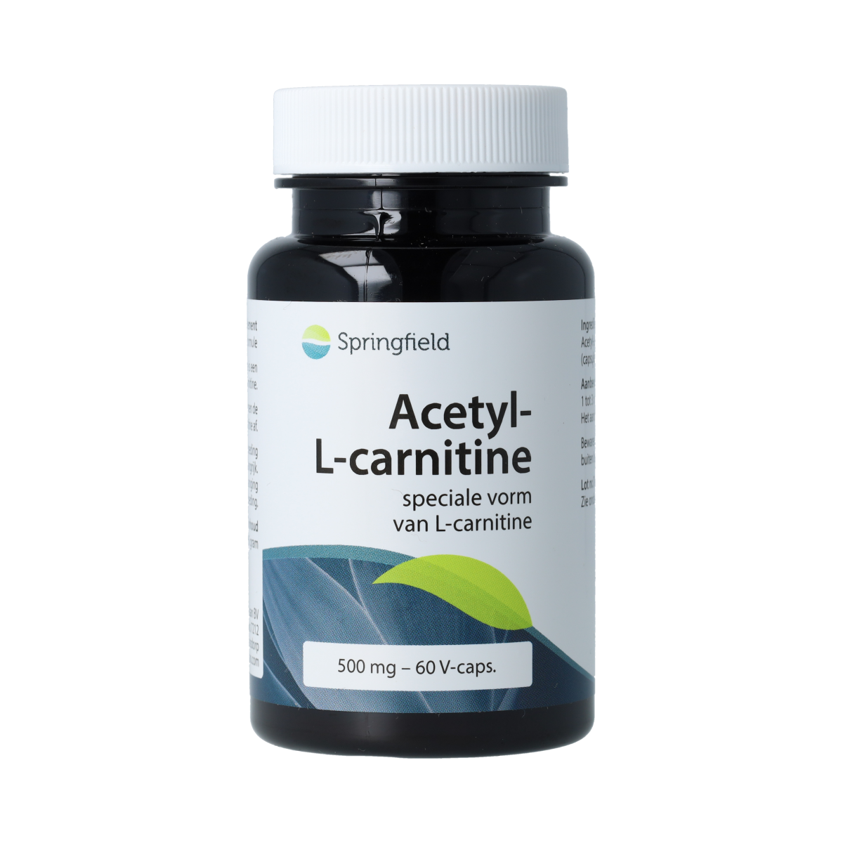 Springfield Acetyl-L-Carnitine 500mg vegetarian capsules, amino acids supplement in clear bottle with label.