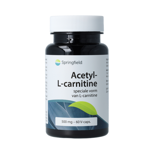 Springfield Acetyl-L-Carnitine 500mg vegetarian capsules, amino acids supplement in clear bottle with label.