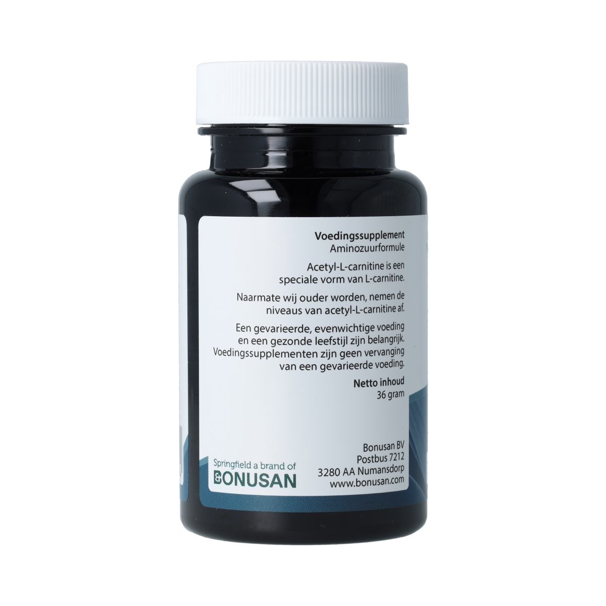 Springfield Acetyl-L-Carnitine 500mg vegetarian capsules, amino acids supplement in a bottle with capsules visible.