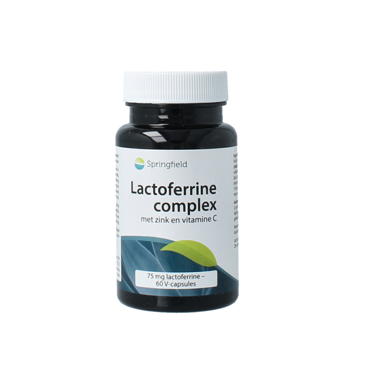 Springfield Lactoferrine 75mg vegetarian capsules in a bottle, part of mineral multi supplement, with label and capsule visibility.
