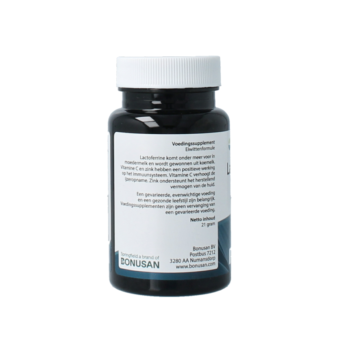 Springfield Lactoferrine 75mg vegetarian capsules, mineral multivitamin supplement with 60 capsules in a bottle.
