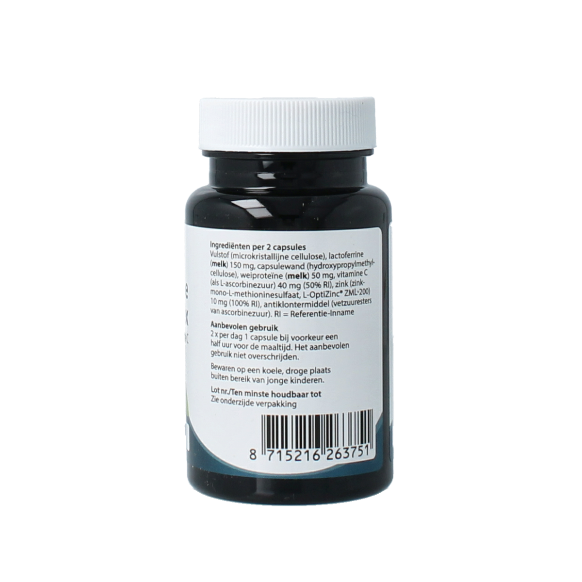 Springfield Lactoferrine 75mg vegetarian capsules, mineral multivitamin supplement in a white bottle with capsules inside.