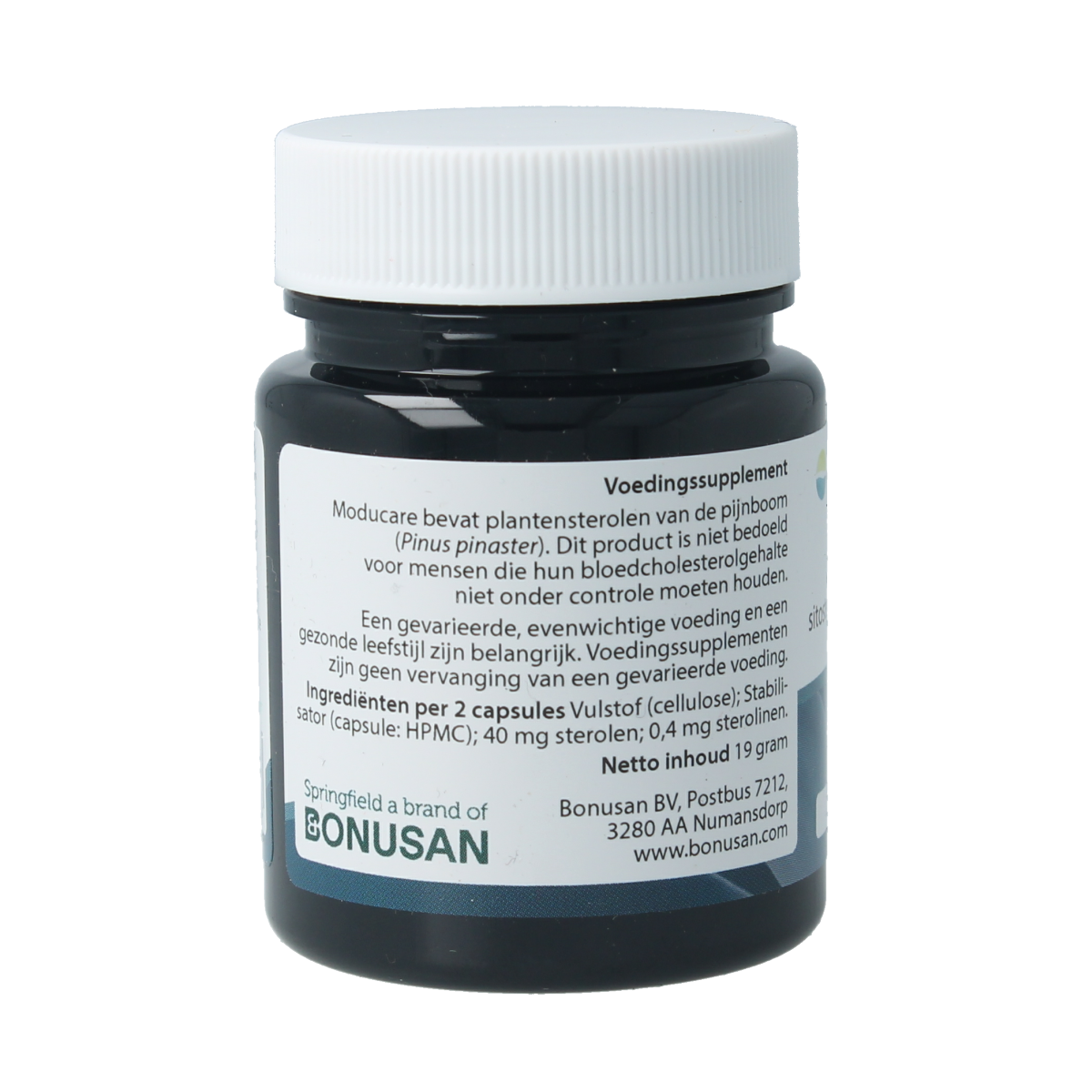 Springfield Moducare vegetarian capsules, herbal supplement in a white bottle with green label, arranged on a white background.