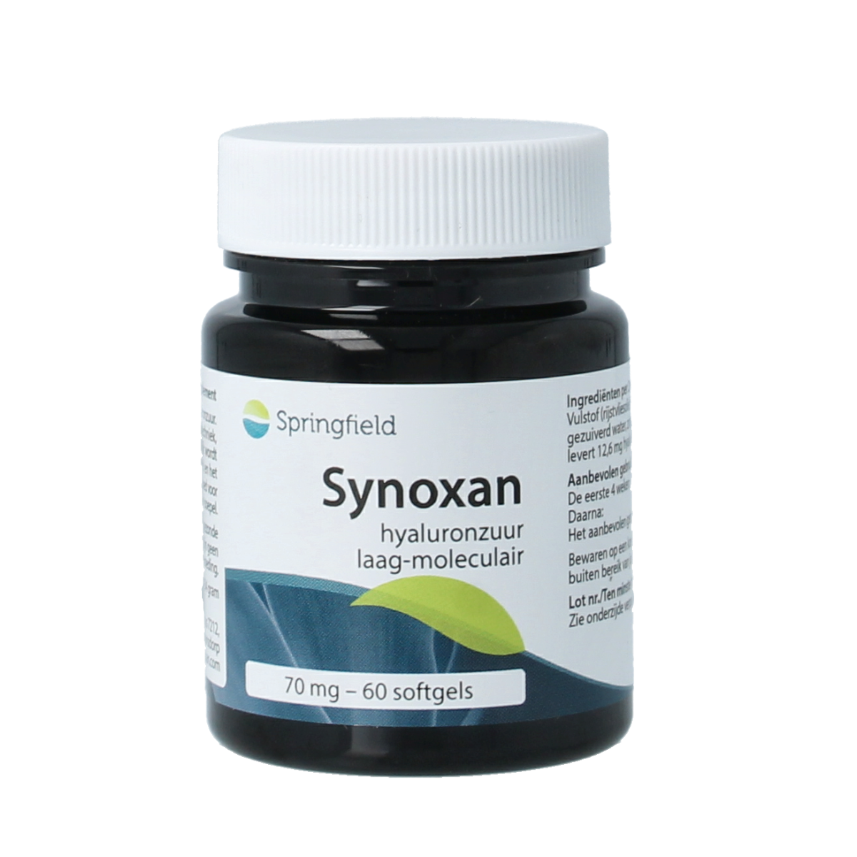 Springfield Synoxan hyaluronzuur low-moleculair 70 mg softgels, herbal supplement with hyaluronic acid for skin support.
