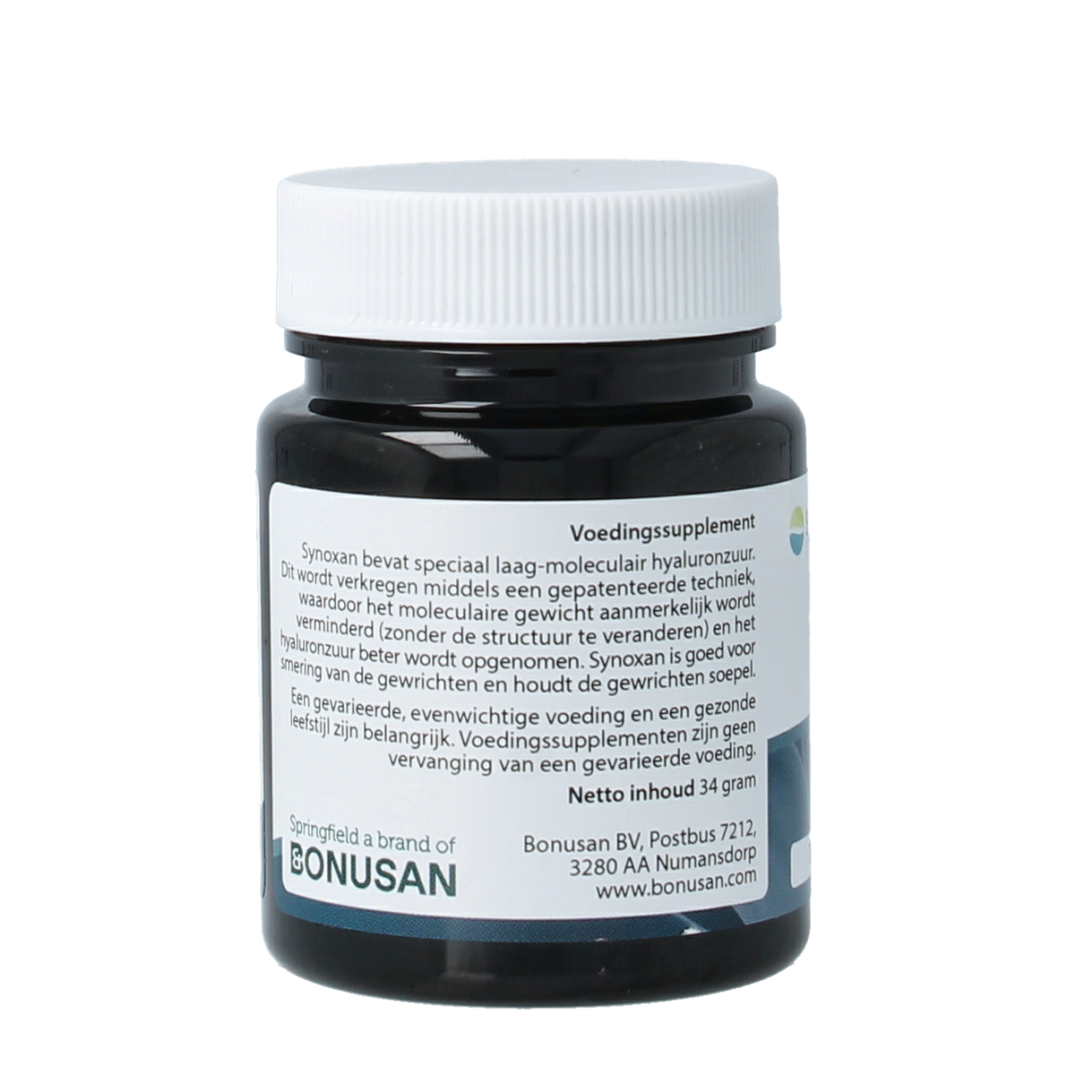 Springfield Synoxan hyaluronic acid low-molecular 70 mg softgels, herbal supplement in a clear bottle with softgel capsules