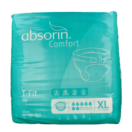 Absorin Comfort T-Fit Day Incontinence Pads XL, 15 pack, designed for discreet and secure incontinence protection.
