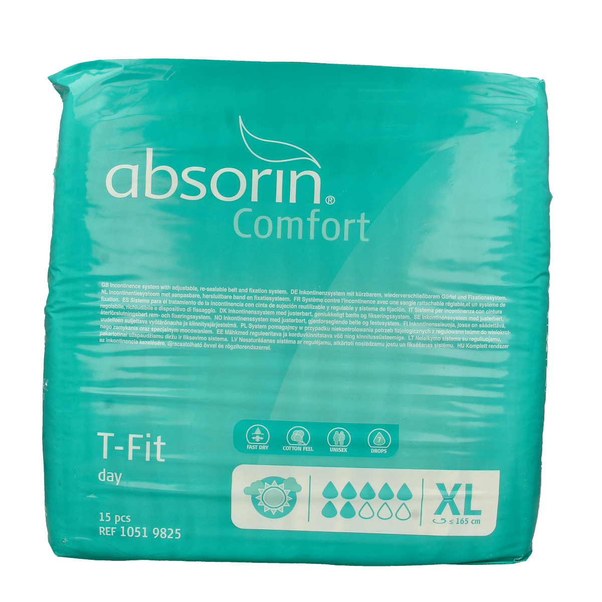 Absorin Comfort T-Fit Day XL incontinence pads, 15 count, shown in packaging, designed for discreet, comfortable bladder protection.