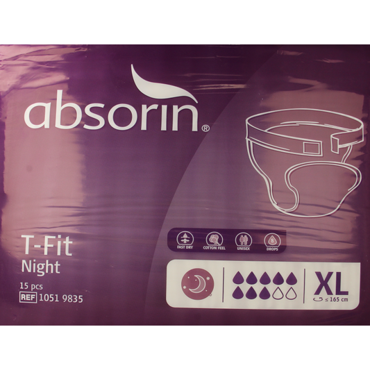 Absorin Comfort T-Fit night incontinence pads, XL size, pack of 15, designed for discreet and reliable protection.